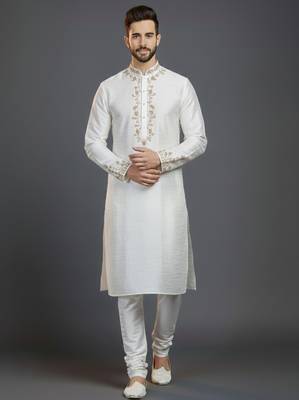 White dupion silk embroidered kurta set 1