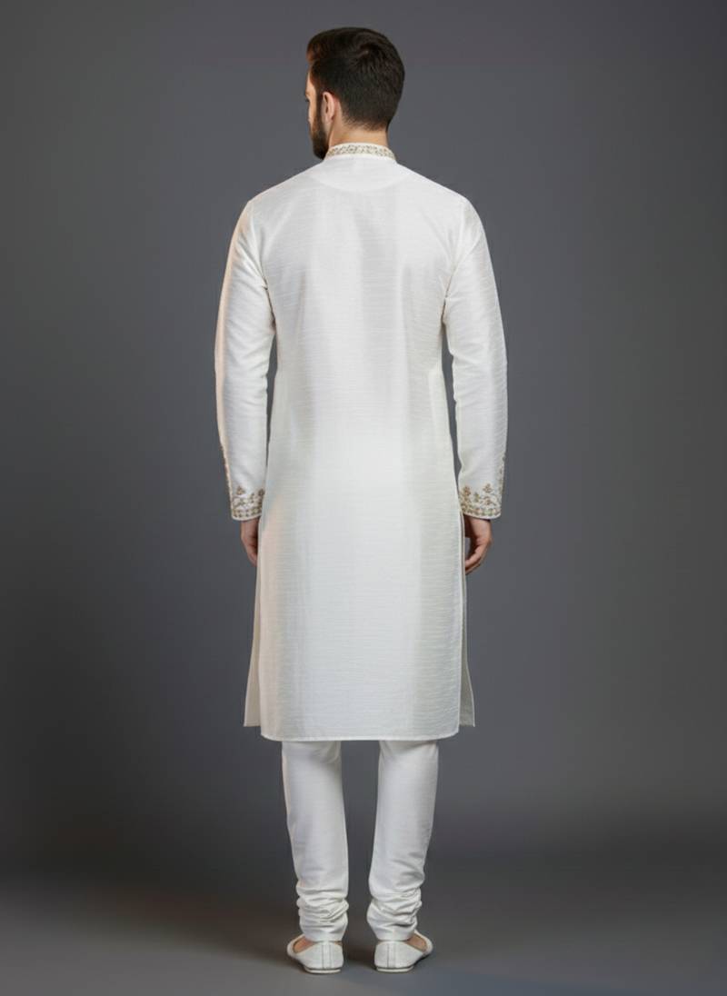White dupion silk embroidered kurta set
