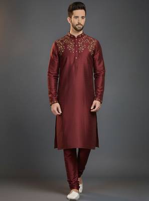 Maroon dupion silk embroidered kurta set 1