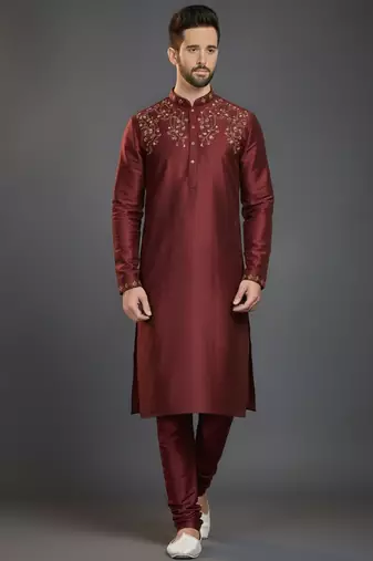 Maroon dupion silk embroidered kurta set