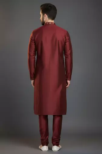 Maroon dupion silk embroidered kurta set