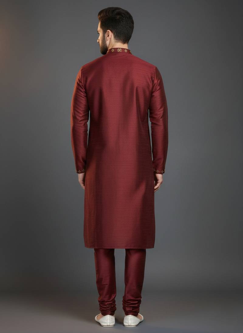 Maroon dupion silk embroidered kurta set