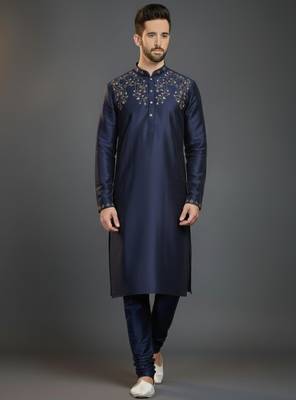 Navy dupion silk embroidered kurta set 1