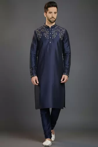 Navy dupion silk embroidered kurta set