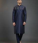 Navy dupion silk embroidered kurta set