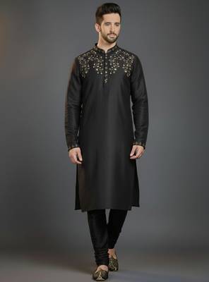 Black dupion silk embroidered kurta set 1