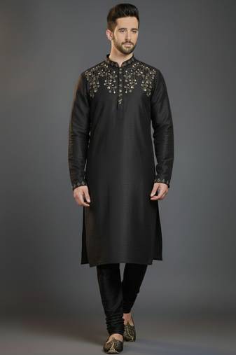 Black dupion silk embroidered kurta set