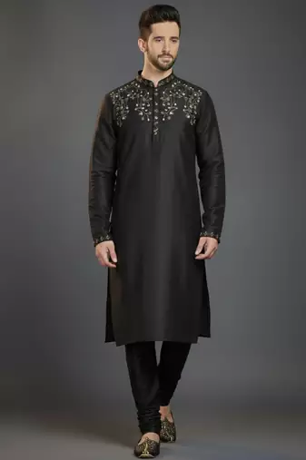 Black dupion silk embroidered kurta set