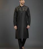 Black dupion silk embroidered kurta set