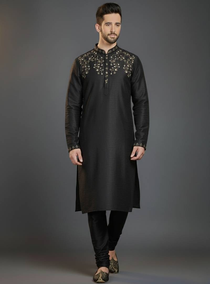Black dupion silk embroidered kurta set