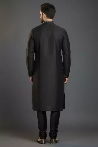 Black dupion silk embroidered kurta set