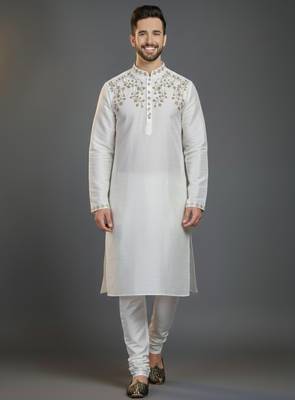 White dupion silk embroidered kurta set 1