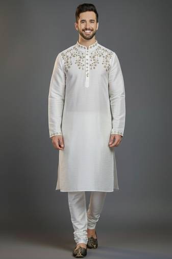 White dupion silk embroidered kurta set