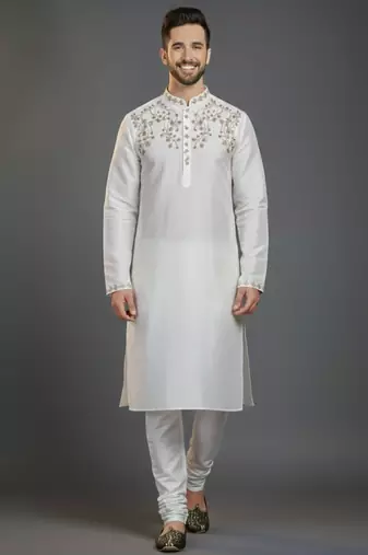 White dupion silk embroidered kurta set