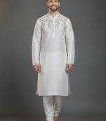 White dupion silk embroidered kurta set