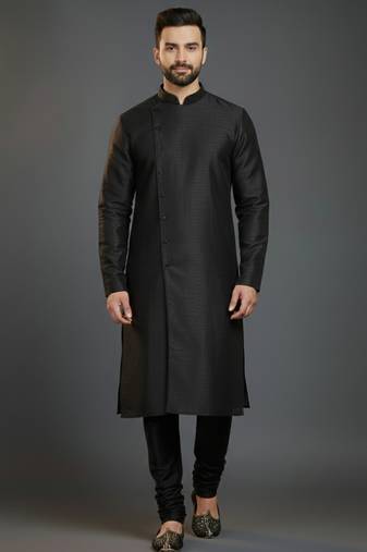 Black dupion silk embroidered kurta set