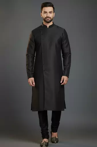 Black dupion silk embroidered kurta set