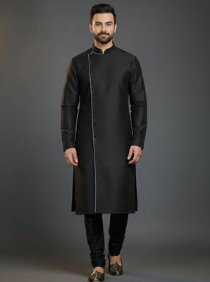 Black dupion silk embroidered kurta set 1