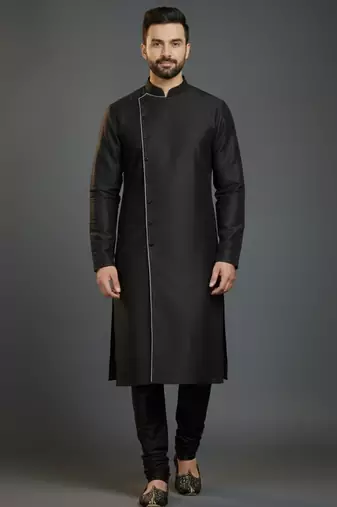 Black dupion silk embroidered kurta set