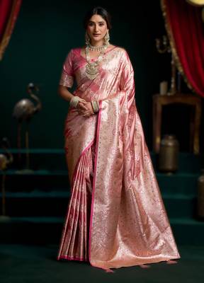 Pink  satin silk blend saree with stylish pom-pom pallu 1