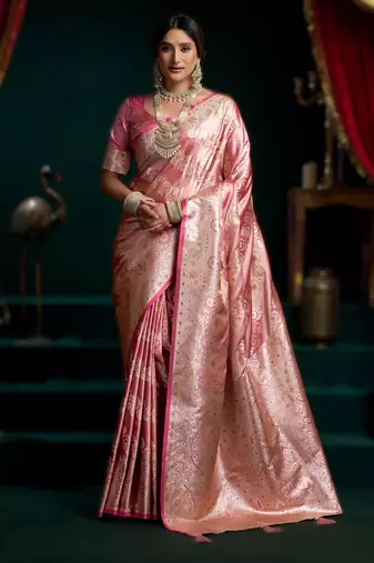 Pink  premium satin silk saree with stylish pom-pom pallu