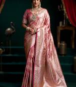 Pink  premium satin silk saree with stylish pom-pom pallu