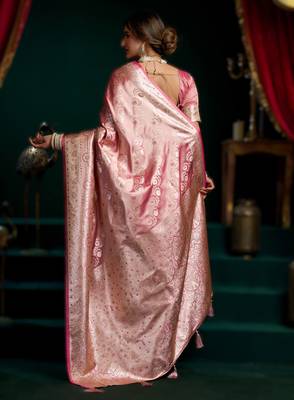 Pink  satin silk blend saree with stylish pom-pom pallu 2