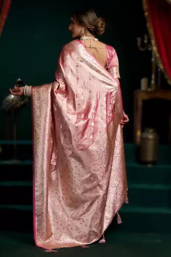 Pink premium satin silk blend saree with stylish pom-pom pallu