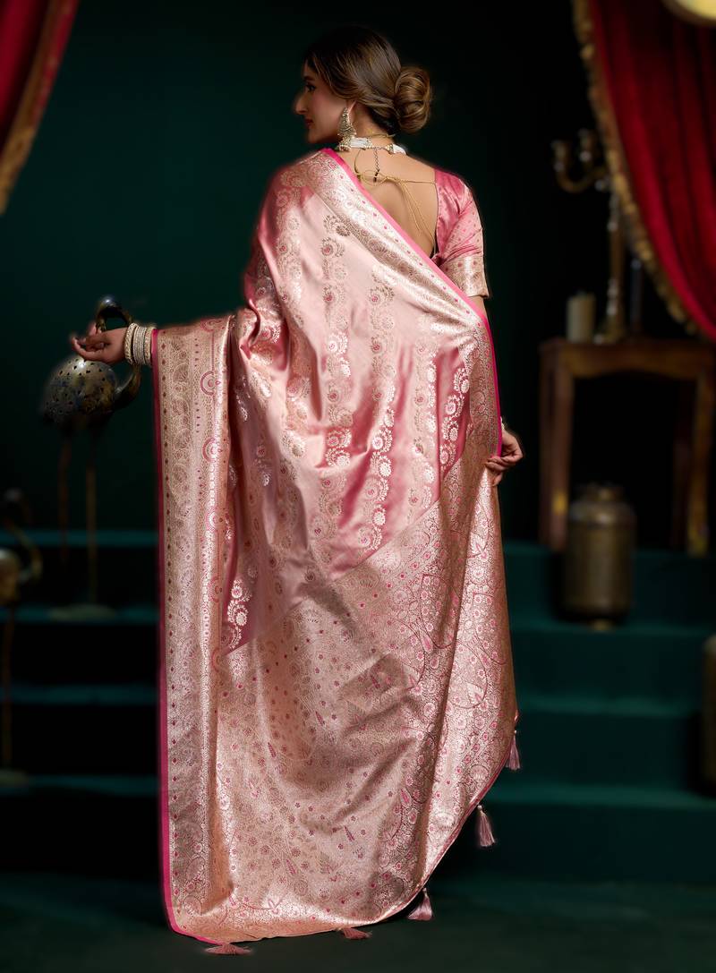 Pink  premium satin silk saree with stylish pom-pom pallu