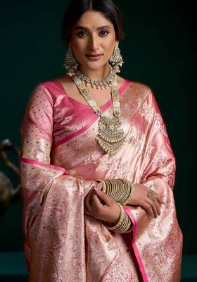 Pink  satin silk blend saree with stylish pom-pom pallu 3
