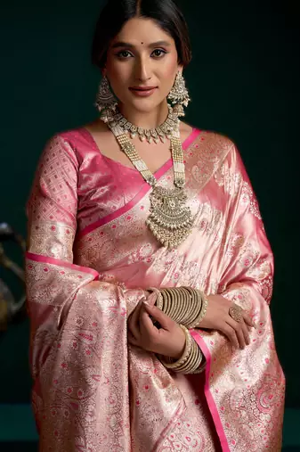 Pink premium satin silk blend saree with stylish pom-pom pallu