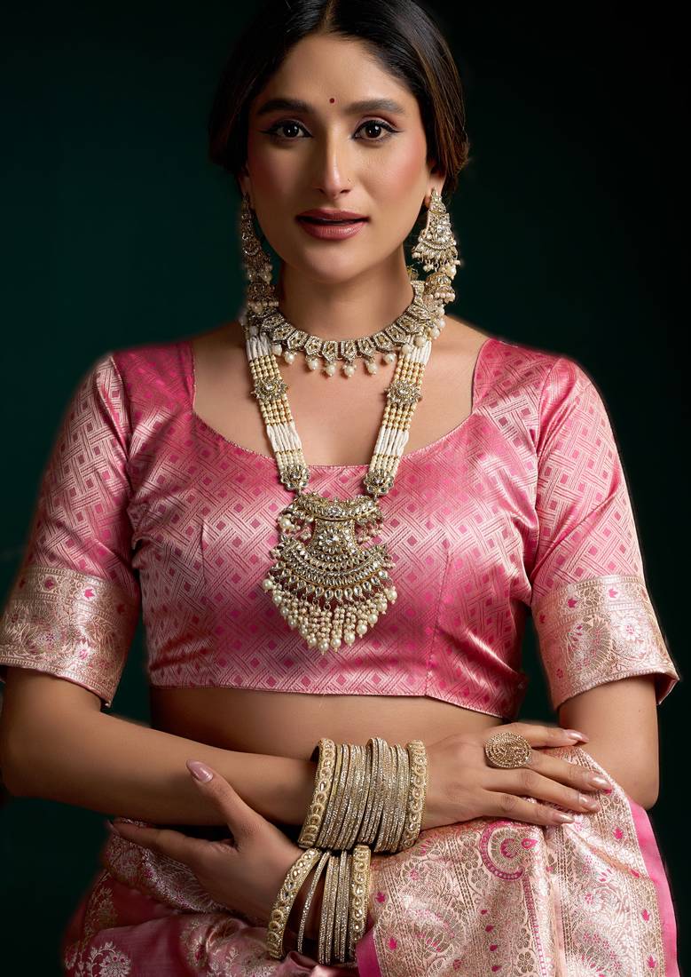 Pink  premium satin silk saree with stylish pom-pom pallu