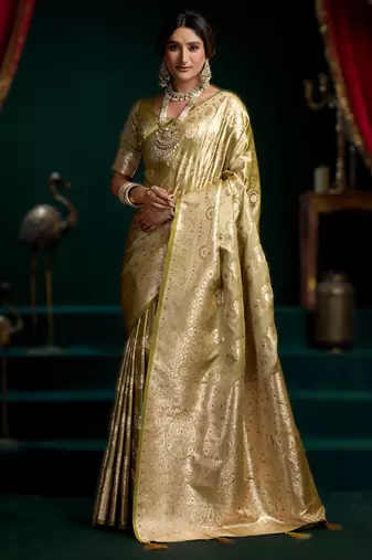 Light green premium satin silk saree with stylish pom-pom pallu