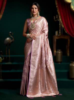 Light onion pink  satin silk blend saree with stylish pom-pom pallu 1