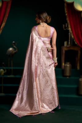 Light onion pink  satin silk blend saree with stylish pom-pom pallu 2