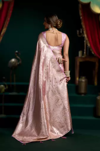Light onion pink premium satin silk blend saree with stylish pom-pom pallu
