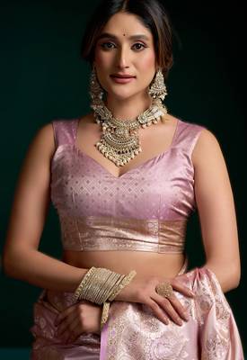 Light onion pink  satin silk blend saree with stylish pom-pom pallu 4