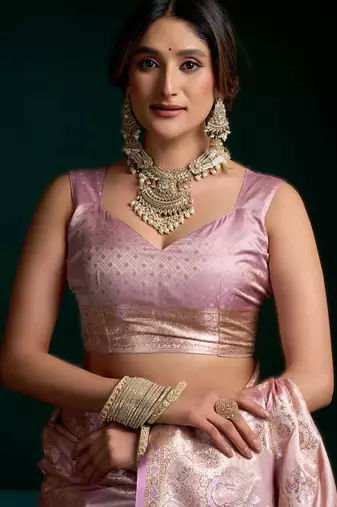 Light onion pink premium satin silk blend saree with stylish pom-pom pallu