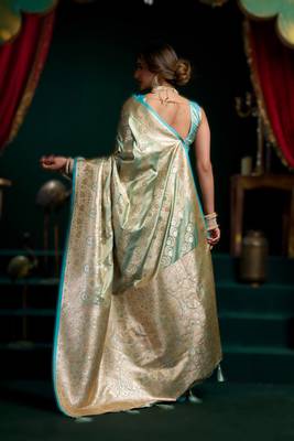 Sky blue  satin silk blend saree with stylish pom-pom pallu 2