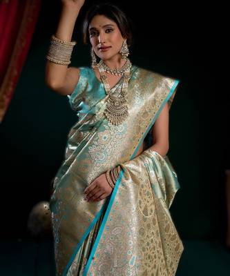 Sky blue  satin silk blend saree with stylish pom-pom pallu 3