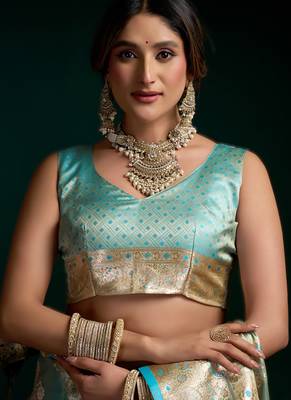 Sky blue  satin silk blend saree with stylish pom-pom pallu 4