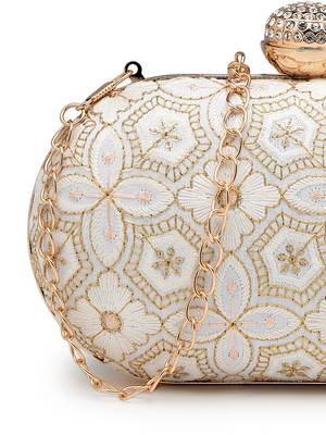  woven reverie off white faux silk geometric embellished clutch 8