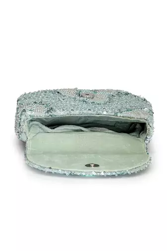 Anekaant petal posh steel blue faux silk floral embellished clutch