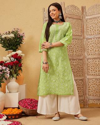 Ada hand embroidered green cotton lucknowi chikankari straight kurta 1
