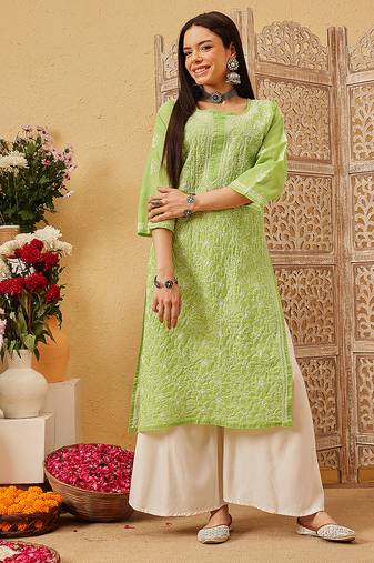Ada hand embroidered green cotton lucknowi chikankari straight kurta