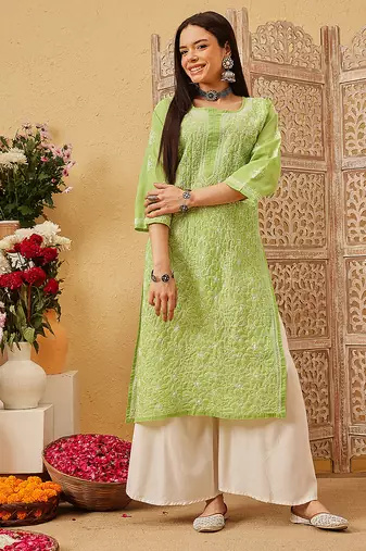 Ada hand embroidered green cotton lucknowi chikankari straight kurta