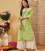 Ada hand embroidered green cotton lucknowi chikankari straight kurta