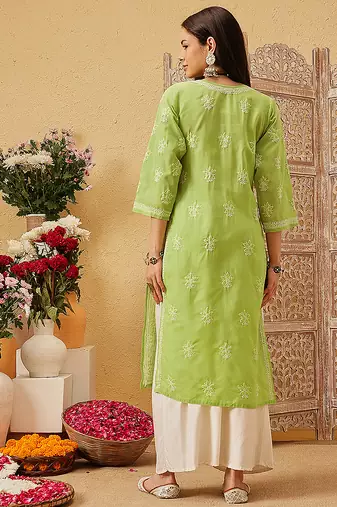 Ada hand embroidered green cotton lucknowi chikankari straight kurta