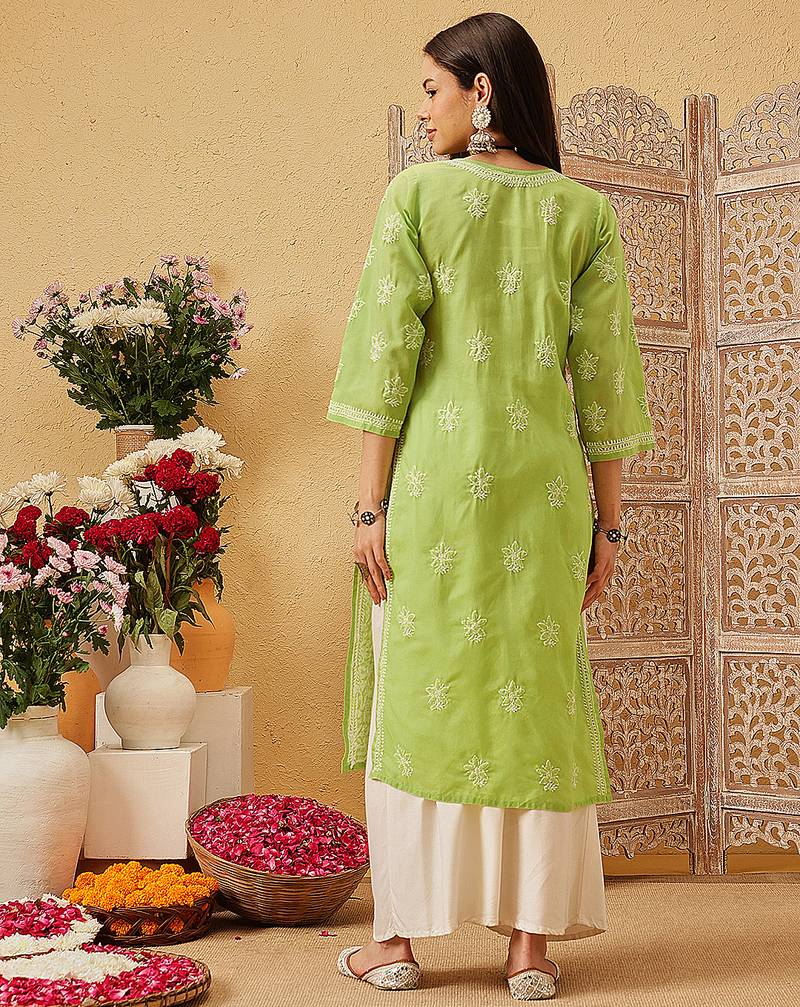 Ada hand embroidered green cotton lucknowi chikankari straight kurta