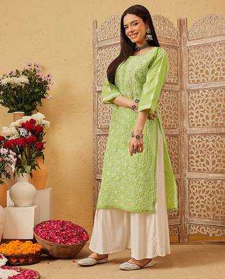 Ada hand embroidered green cotton lucknowi chikankari straight kurta 3